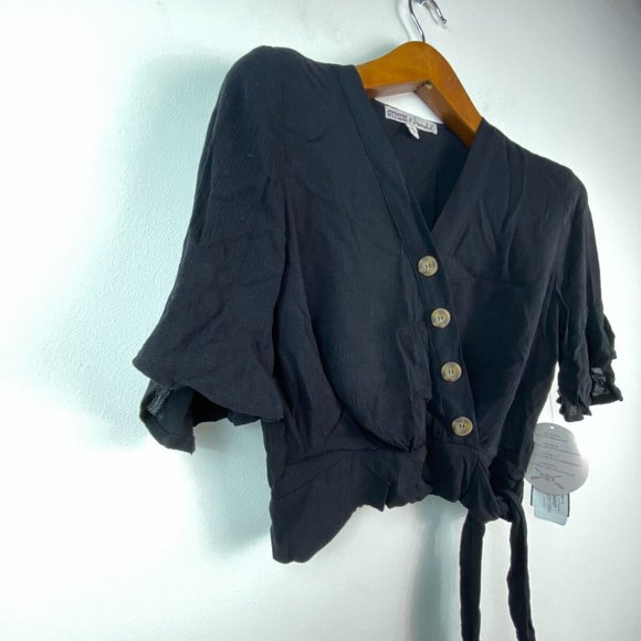 Gypsies & Moondust Juniors XS Black Tie Front Button Wrap Blouse Top NWT AQ86 - Picture 6 of 9